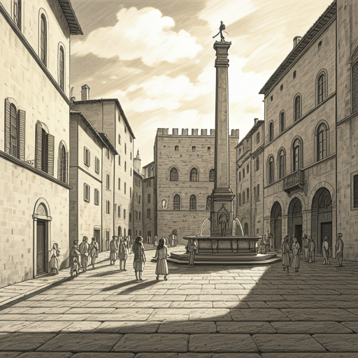 Disegno in carboncino di una piazza medioevale con al centro un obelisco.